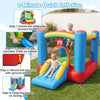 Rainbow Castle inflatable bounce house features a spacious jumping area, slide, and basketball hoop for outdoor fun.