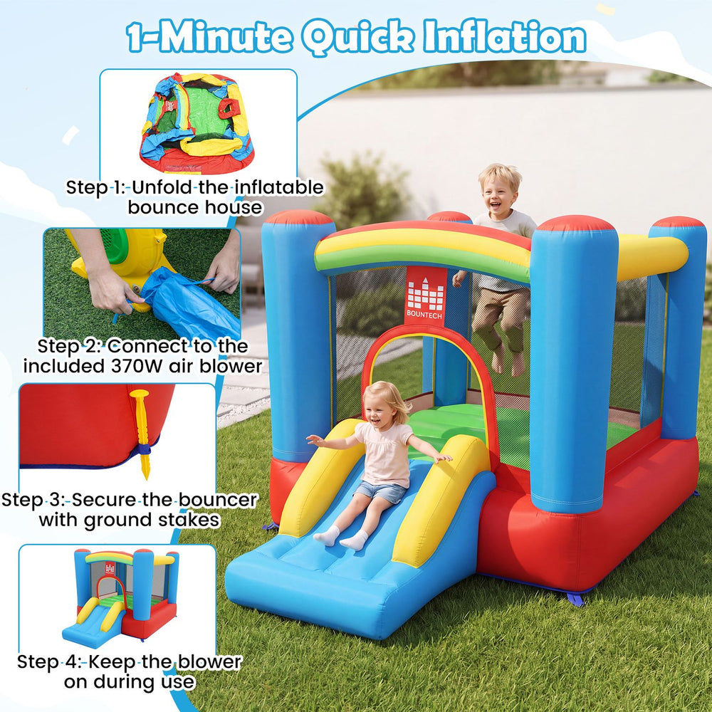 Rainbow Castle inflatable bounce house features a spacious jumping area, slide, and basketball hoop for outdoor fun.