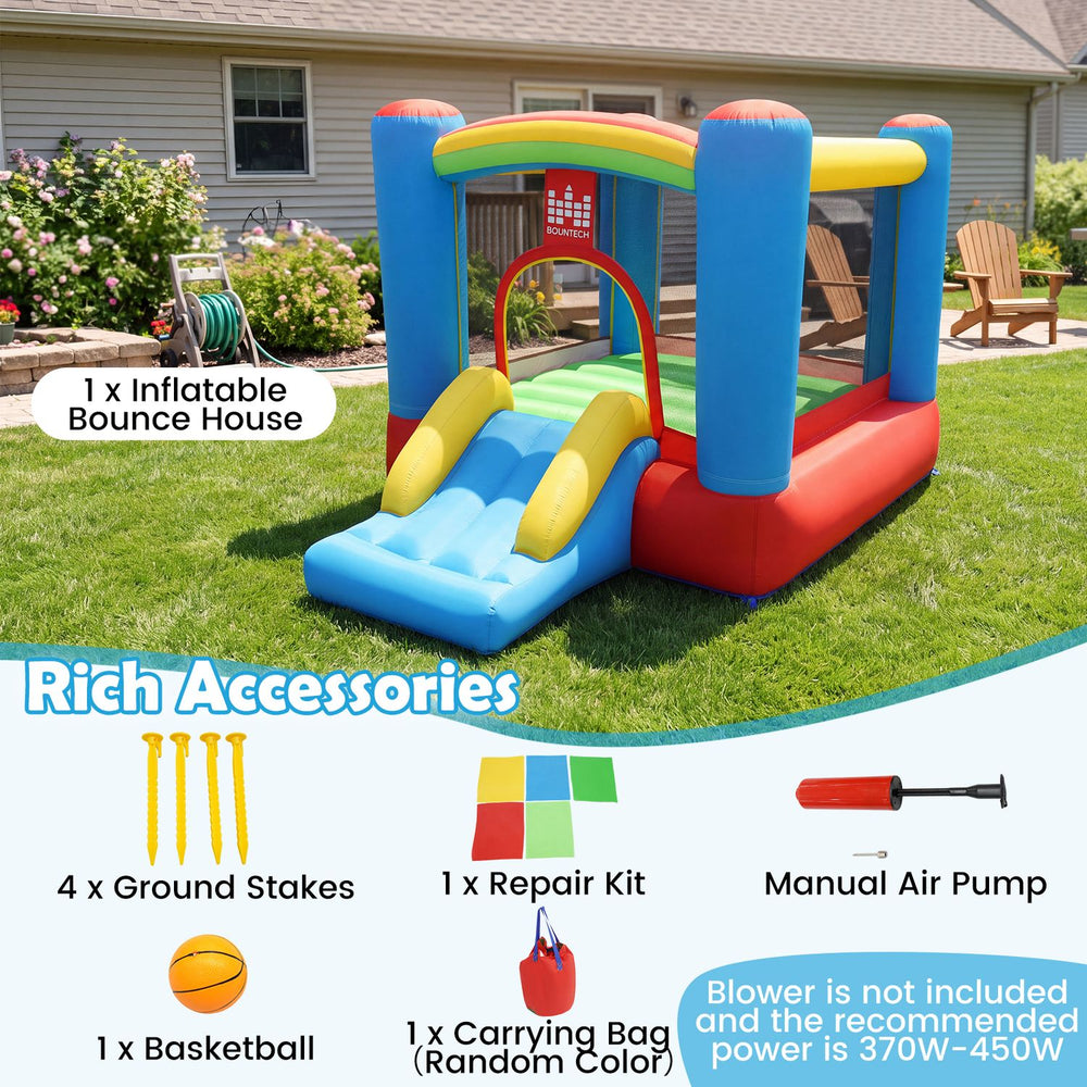 Rainbow Castle Inflatable Bounce House includes a repair kit and ground stakes, ensuring safety and easy maintenance for kids.