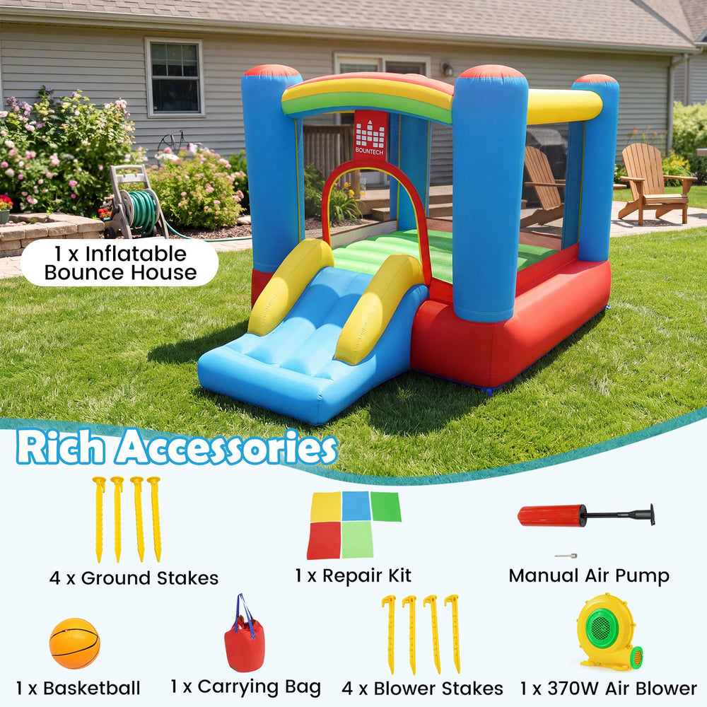 Rainbow Castle Inflatable Bounce House with slide and basketball hoop, perfect for outdoor fun and energetic play.