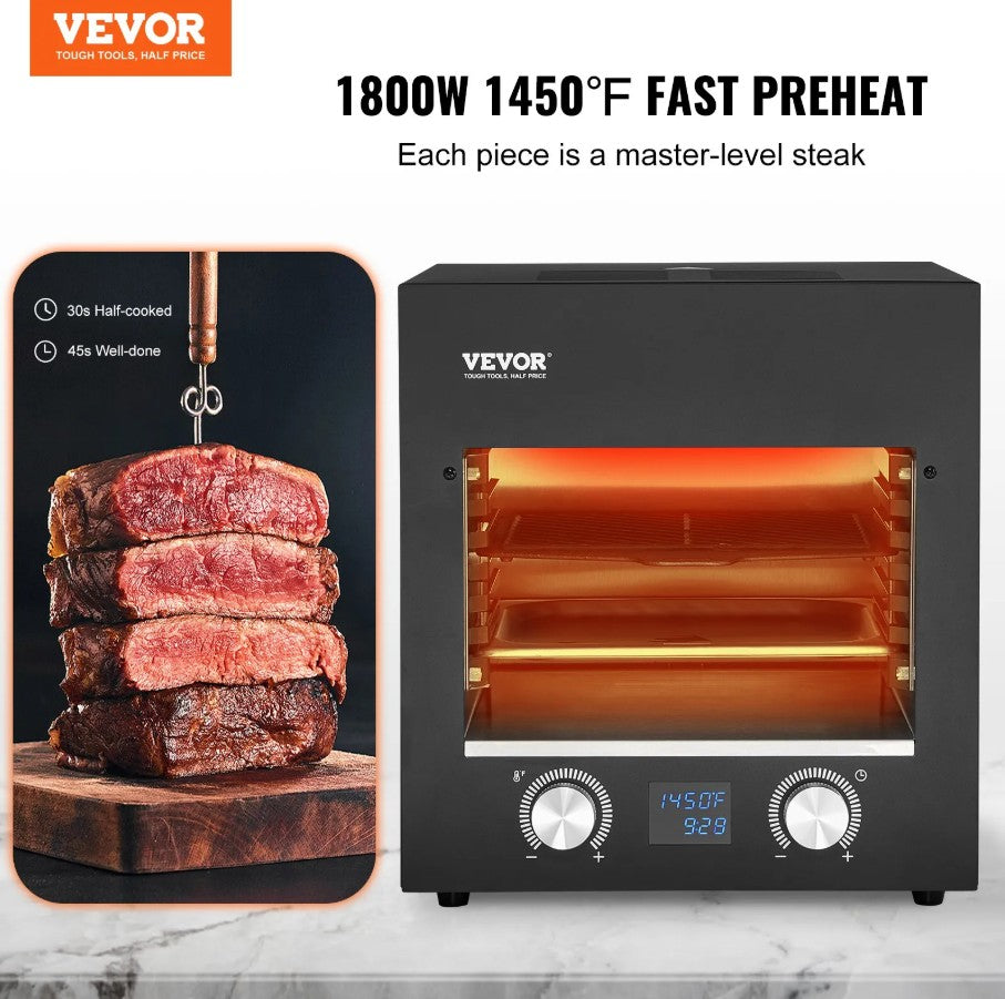 Vevor Infrared Electric Steak Grill 1800W with 6-Tier Rack and Timer Control New