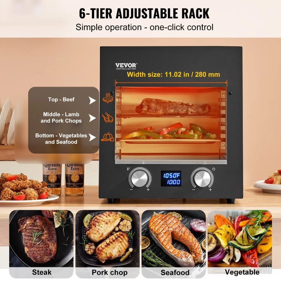Vevor Infrared Electric Steak Grill 1800W with 6-Tier Rack and Timer Control New