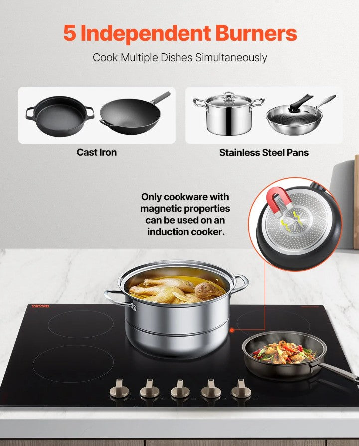 Vevor Built-In Electric Induction Cooktop 5-Burner 9200W Multi-Zone with Safety Features New