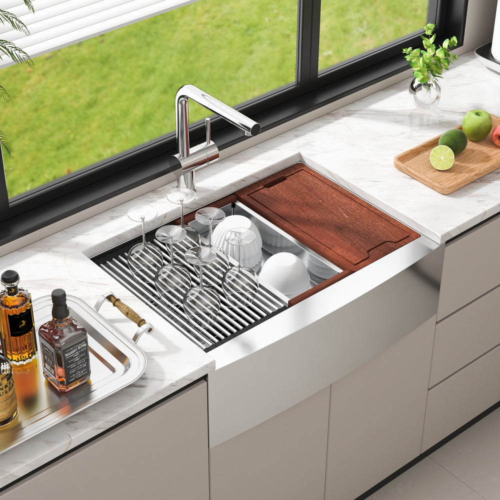 Vevor 33" Farmhouse Kitchen Sink Stainless Steel Drop-In Sink Single Bowl with Ledge and Accessories New