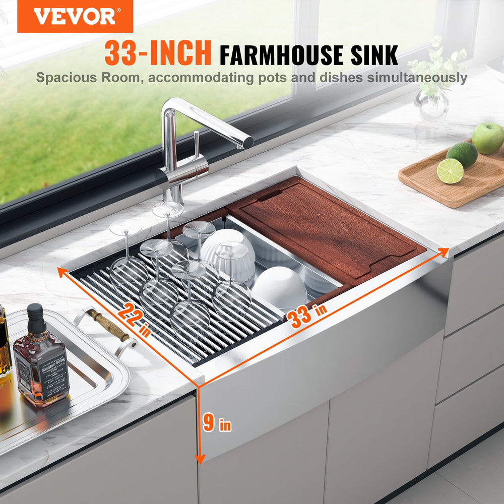 Vevor 33" Farmhouse Kitchen Sink Stainless Steel Drop-In Sink Single Bowl with Ledge and Accessories New