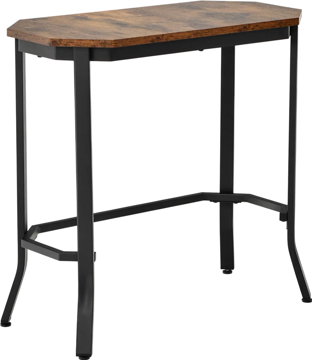 Narrow end table with rustic wood grain and stable steel frame in rustic brown, ideal for living room or entryway use.