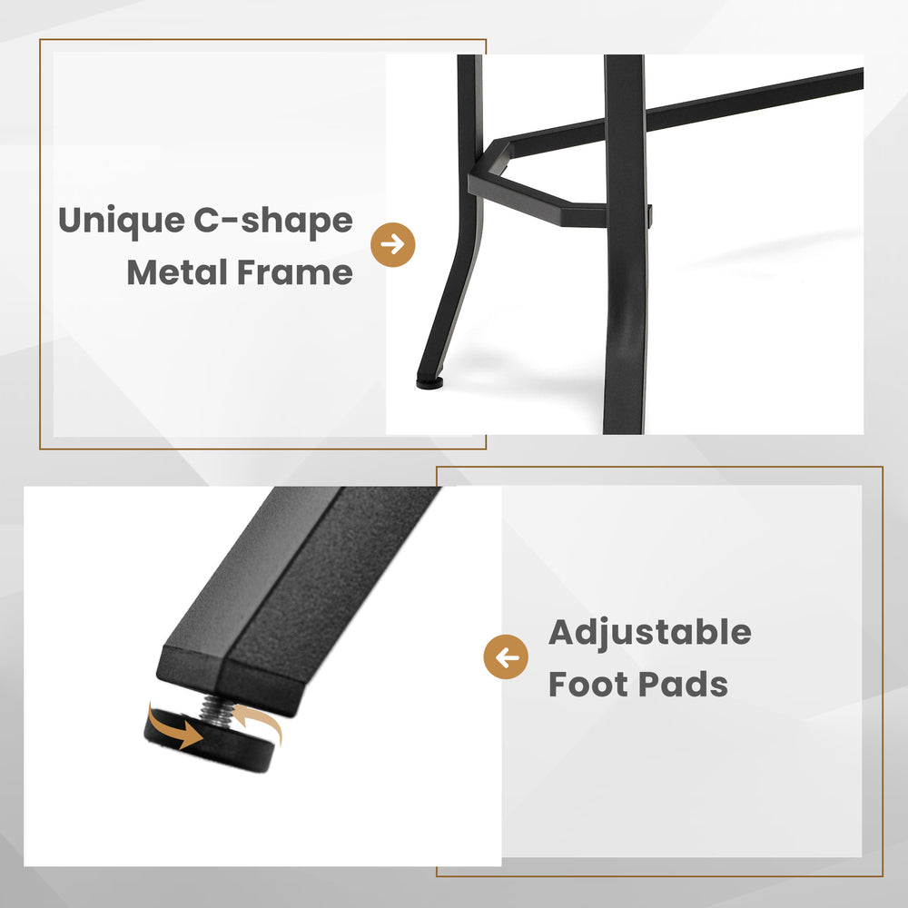 Narrow end table featuring a rustic wood grain top and unique C-shape metal frame with adjustable foot pads for.