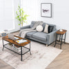 Narrow end table with rustic wood grain and stable steel frame, perfect for living room or bedroom use.