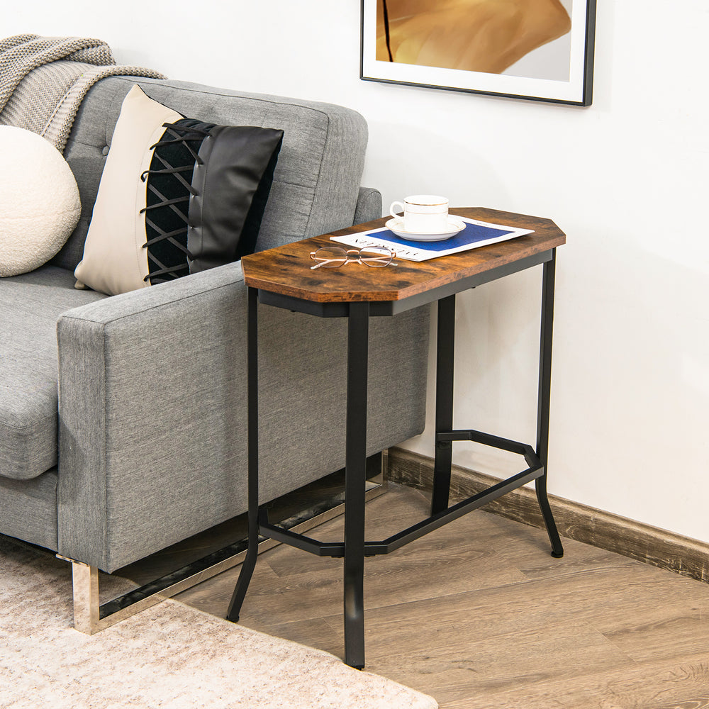 Narrow end table with rustic wood grain and stable steel frame, ideal for living room or bedroom use.