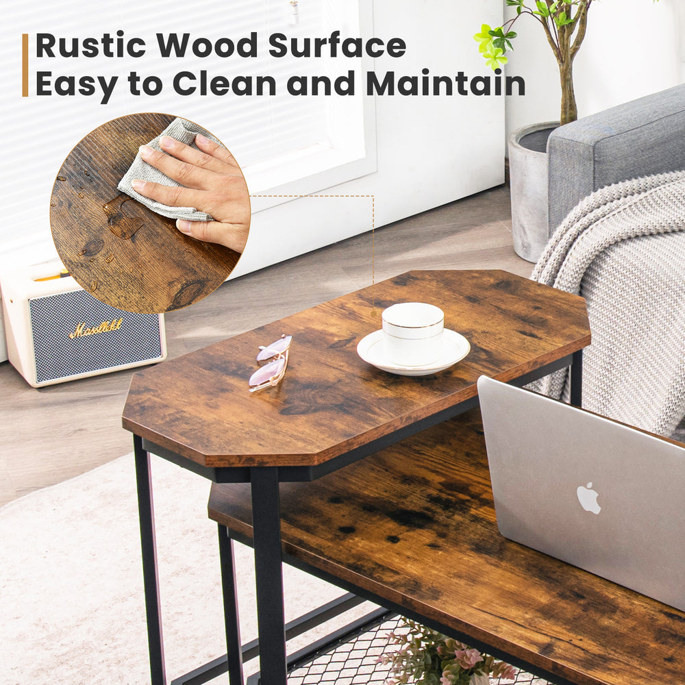 Narrow end table with rustic wood grain and stable steel frame, featuring an easy-to-clean surface for versatile use.