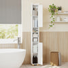 Narrow white bathroom storage cabinet with open shelves, adjustable inner shelves, and elegant golden handles for.