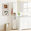 Narrow white bathroom storage cabinet with open shelves, closed cabinets, and golden handles for efficient organization.