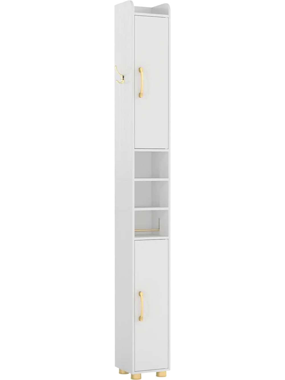 Narrow white bathroom storage cabinet with open shelves, golden handles, and toilet paper holder for efficient.