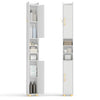Narrow white bathroom storage cabinet with open shelves, gold handles, and toilet paper holder for efficient.