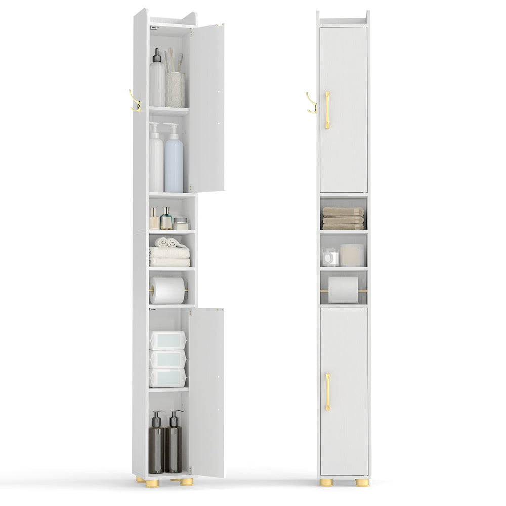 Narrow white bathroom storage cabinet with open shelves, gold handles, and toilet paper holder for efficient.