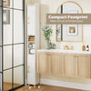 Narrow bathroom storage cabinet in white with open shelves, adjustable shelves, and gold handles for efficient.