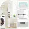 Narrow white bathroom storage cabinet with open shelves, closed cabinets, and gold handles for efficient space-saving.