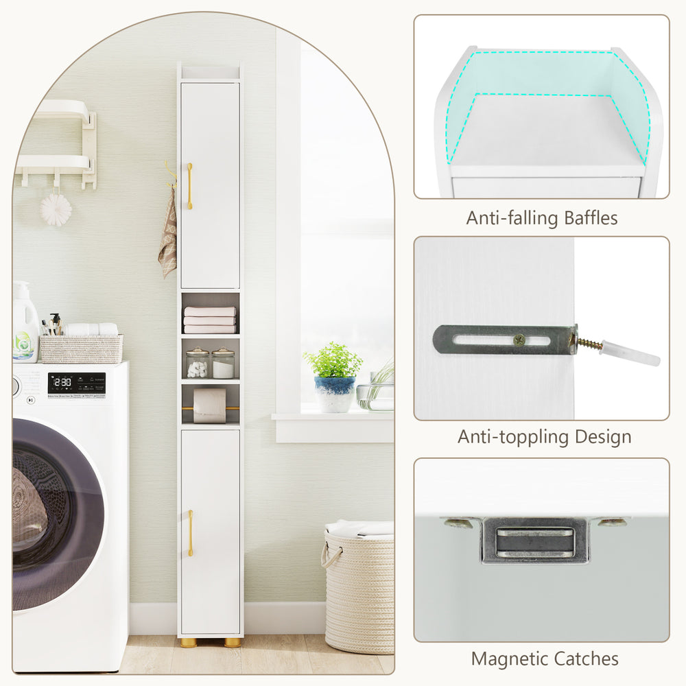 Narrow white bathroom storage cabinet with open shelves, closed cabinets, and gold handles for efficient space-saving.