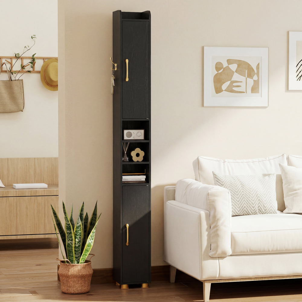 Narrow Bathroom Storage Cabinet with Open Shelves and Toilet Paper Holder-Black - Gallery View 1 of 11