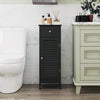 Narrow black bathroom storage cabinet with adjustable shelf and drawer, designed for space-saving and elegant organization.