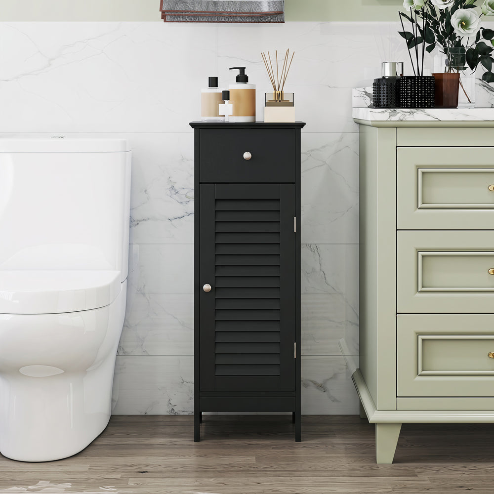 Narrow black bathroom storage cabinet with adjustable shelf and drawer, designed for space-saving and elegant organization.