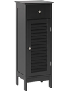 Narrow black bathroom storage cabinet featuring a louvered door, adjustable shelf, and deep drawer for organized essentials.