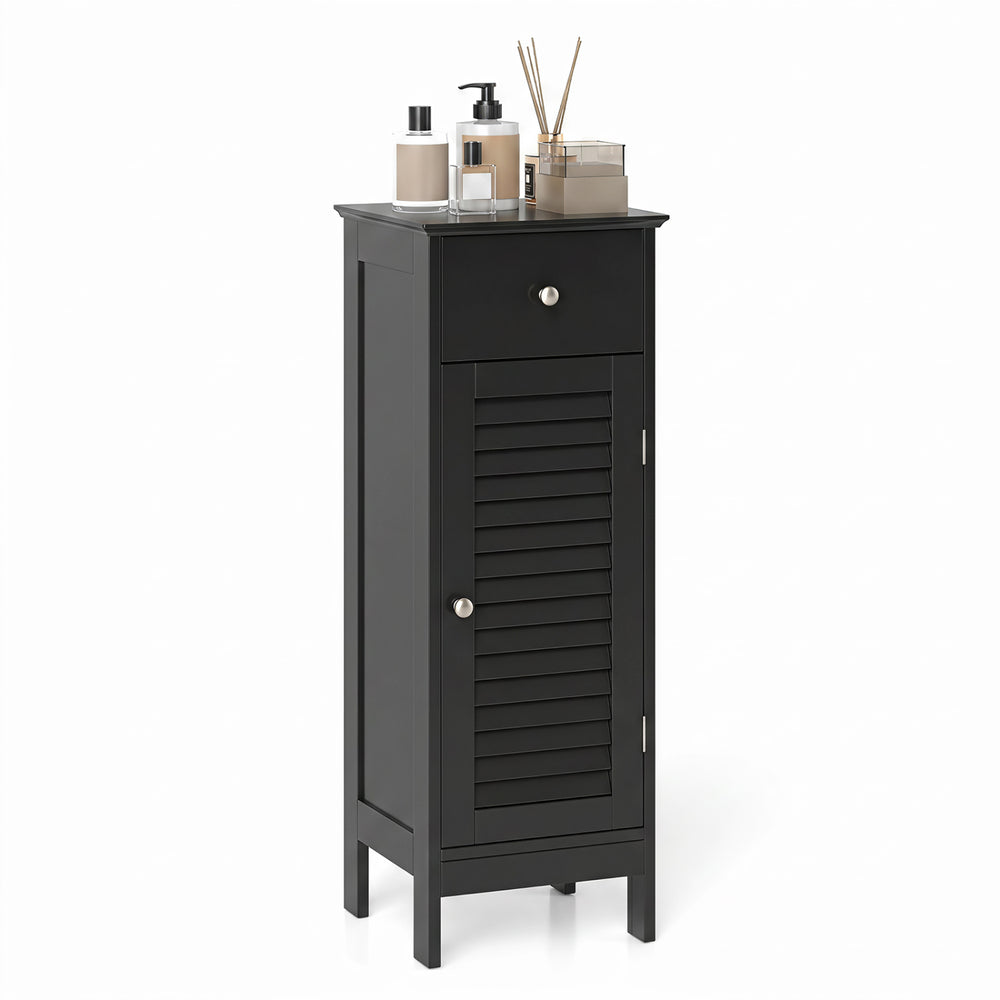 Narrow black bathroom storage cabinet showcases a spacious top for essentials, a stylish design, and a louvered door for ventilation.