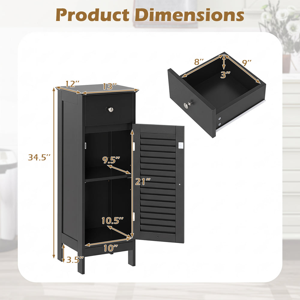 Narrow black bathroom storage cabinet with adjustable shelf, drawer, and louvered door for efficient space-saving organization.
