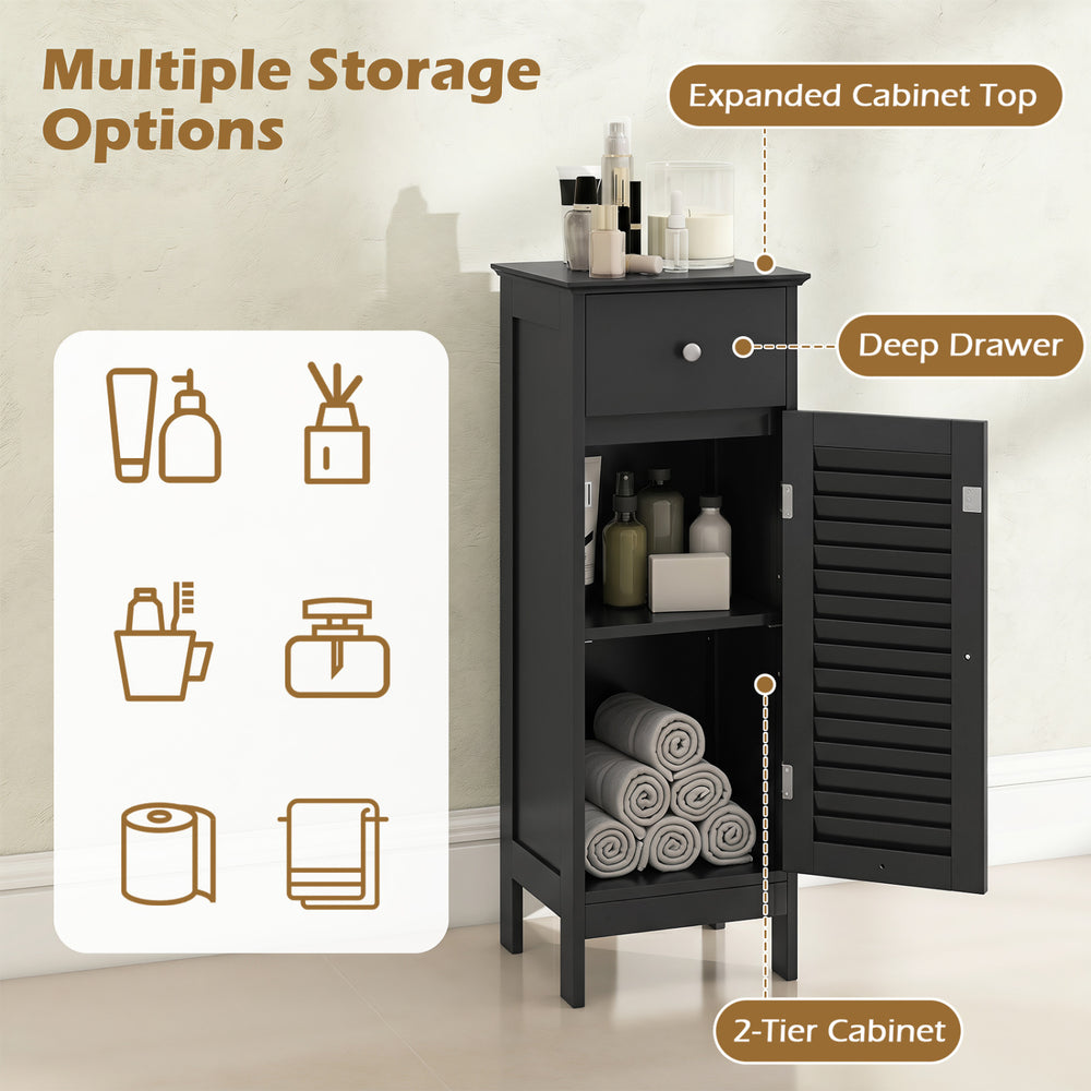 Narrow black bathroom storage cabinet featuring a deep drawer, adjustable shelf, and louvered door for organized essentials.