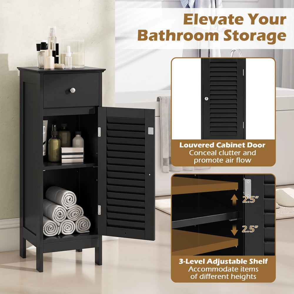 Narrow black bathroom storage cabinet with adjustable shelf, deep drawer, and louvered door for efficient organization.