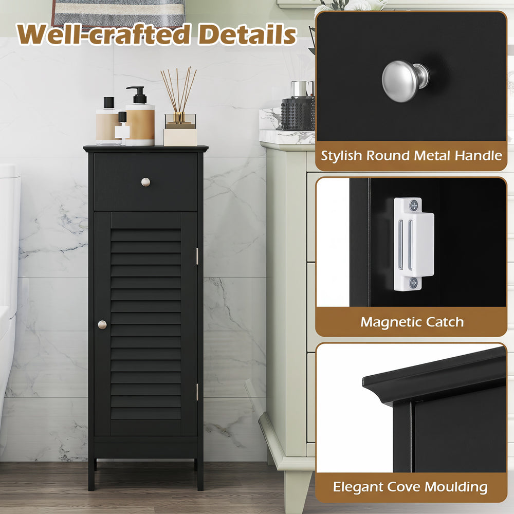 Narrow black bathroom storage cabinet features a louvered door, adjustable shelf, and stylish round metal handle for organization.