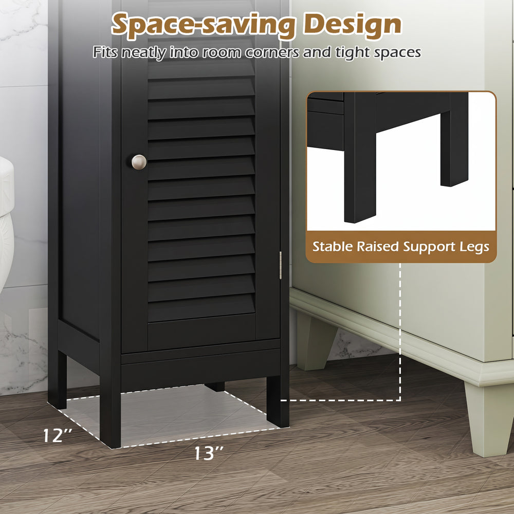 Narrow black bathroom storage cabinet with adjustable shelf, deep drawer, and space-saving design for tight corners.