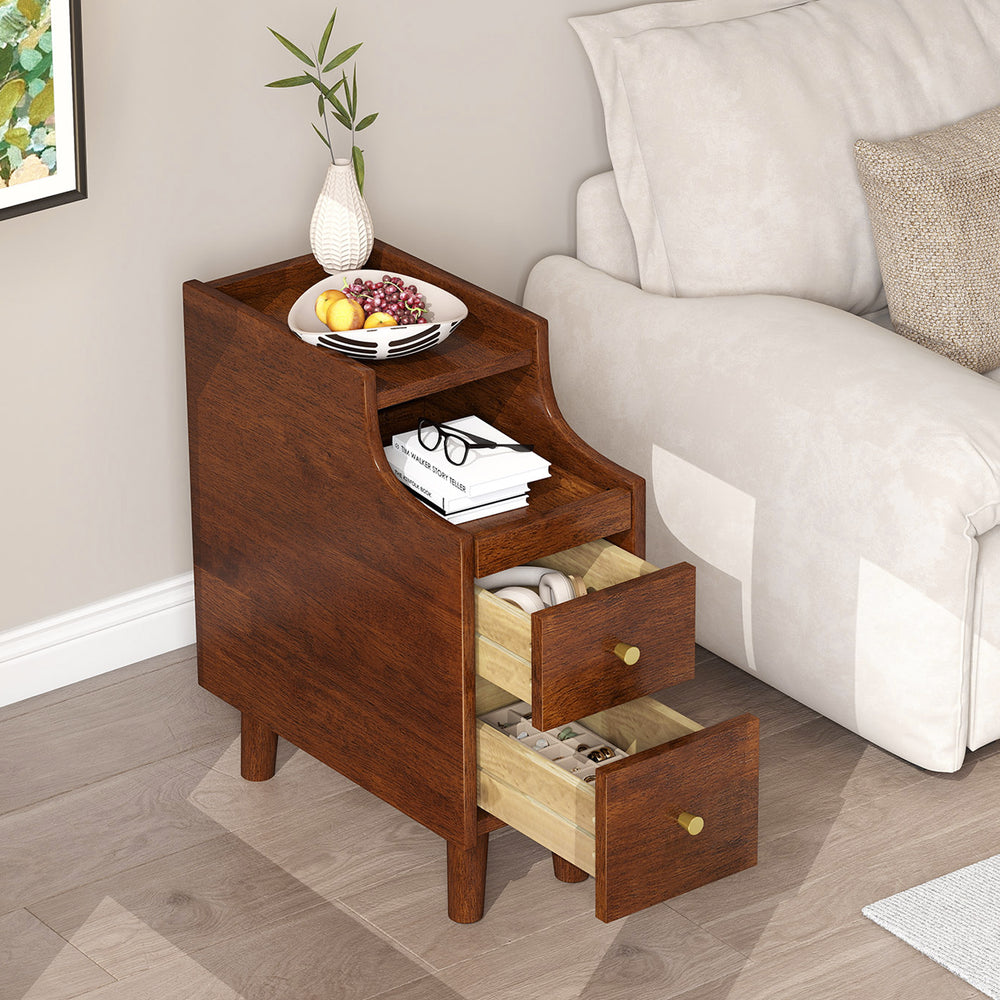 Solid Wood End Table Narrow Bedside Table with Pull-out Tray and 2 Storage Drawers-Brown - Gallery View 1 of 10