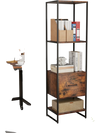 Narrow 5-tier bookcase in rustic brown with 4 open shelves and a storage drawer, ideal for small spaces.