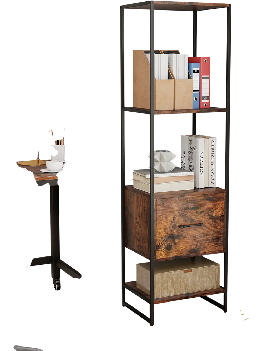 Narrow 5-tier bookcase in rustic brown with 4 open shelves and a storage drawer, ideal for small spaces.