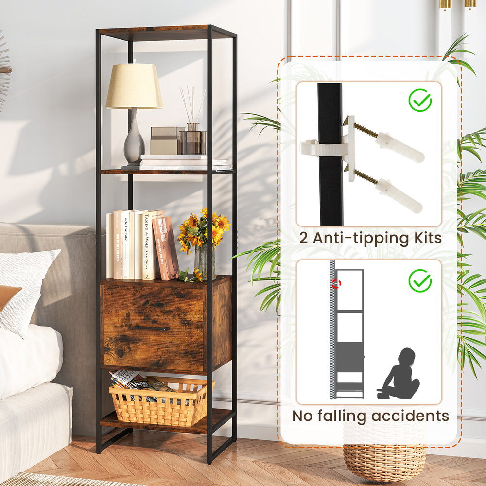 5-tier narrow bookcase in rustic brown featuring a deep storage drawer and 2 anti-tipping kits for added safety.
