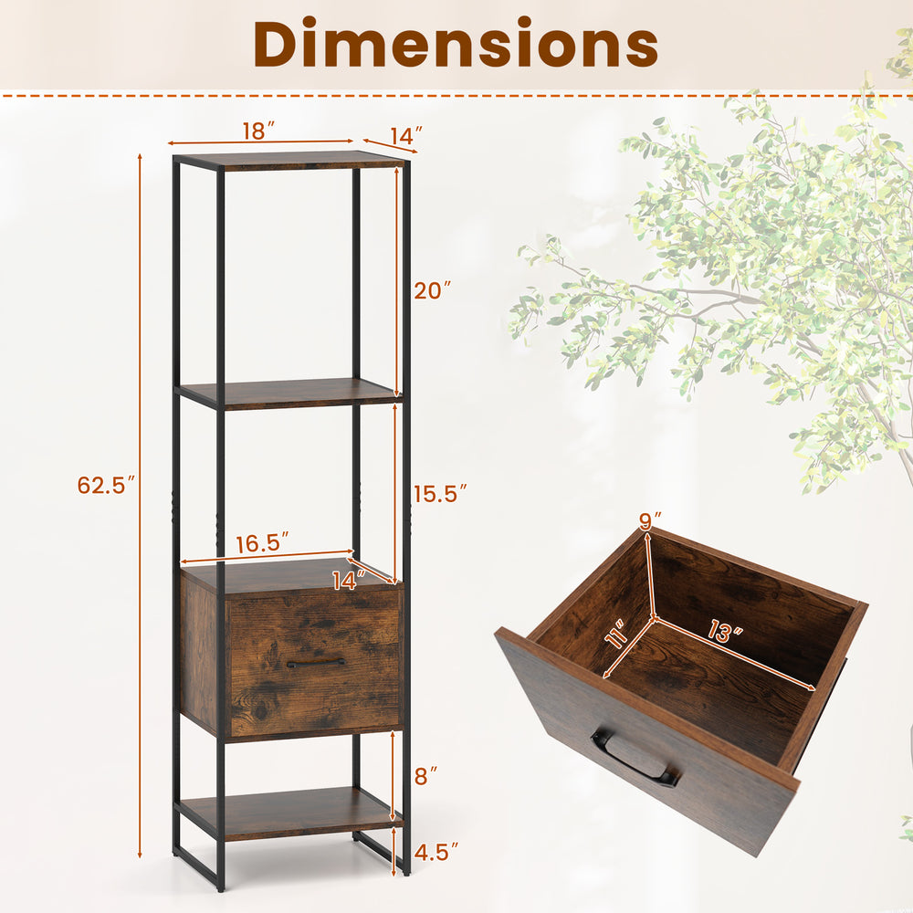 5-tier narrow bookcase in rustic brown with 4 open shelves and a storage drawer, ideal for small spaces.