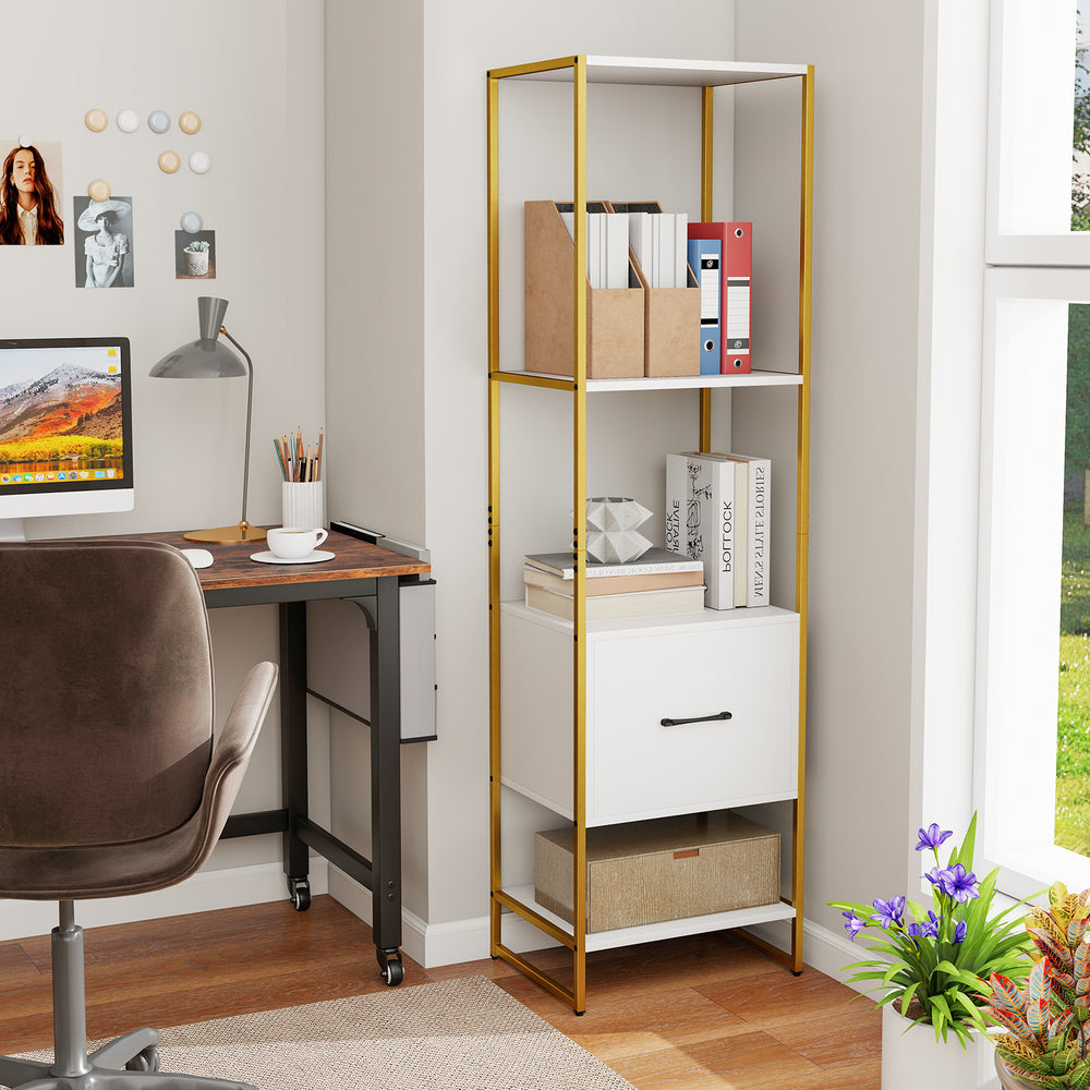 5-Tier Narrow Bookcase with 4 Open Shelves and Storage Drawer-White - Gallery View 1 of 10