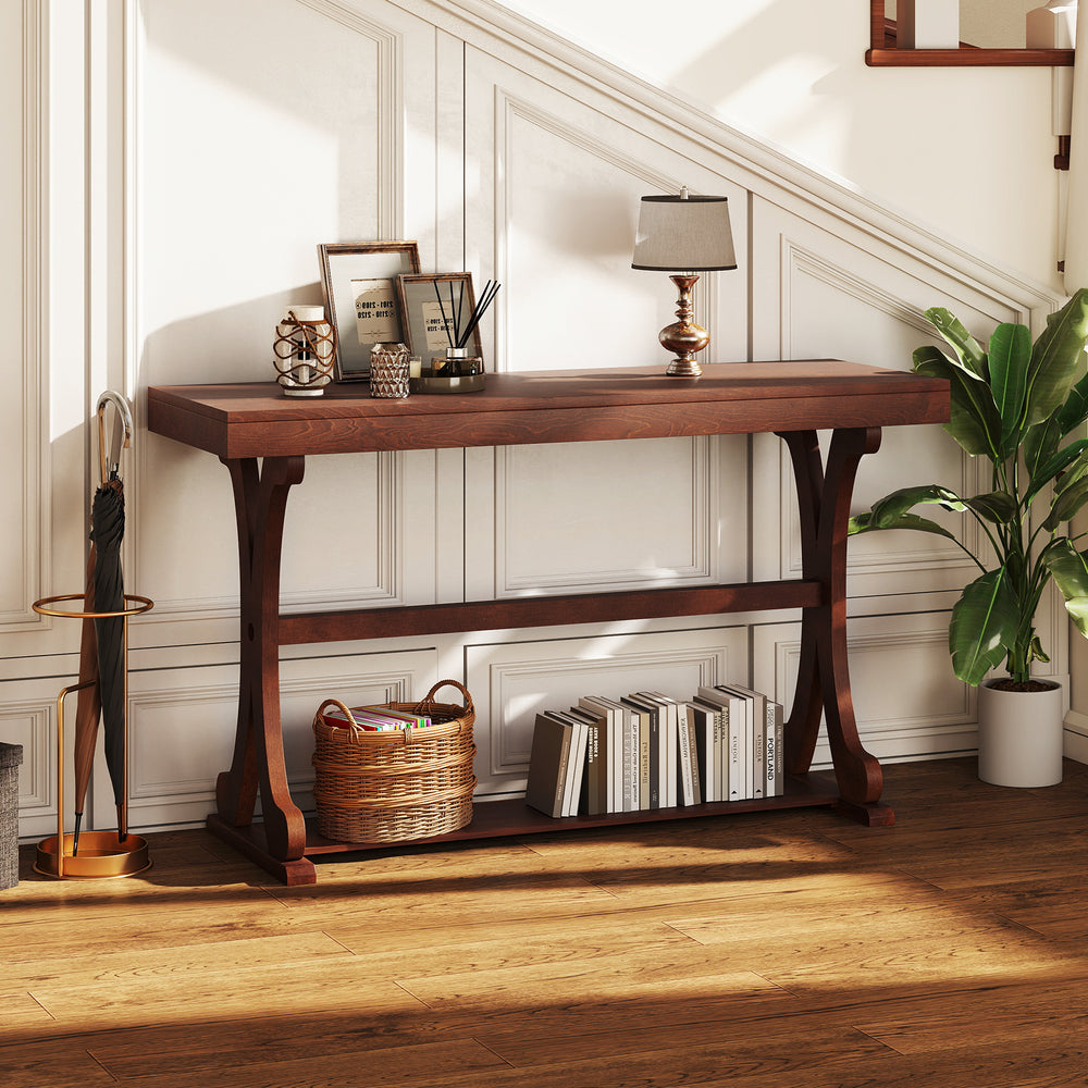 Narrow Console Table Vintage 52 Inch Long with Open Storage Shelf-Walnut - Gallery View 1 of 11