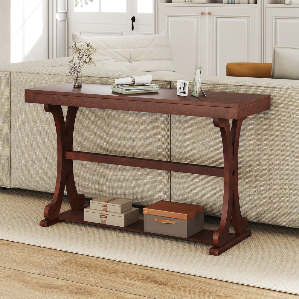 Narrow walnut console table with open storage shelf, featuring vintage curved legs, ideal for living rooms and hallways.