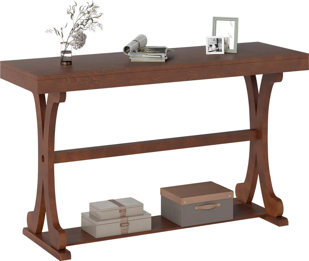 Narrow vintage console table with walnut finish, featuring a spacious top and open storage shelf for living rooms or.