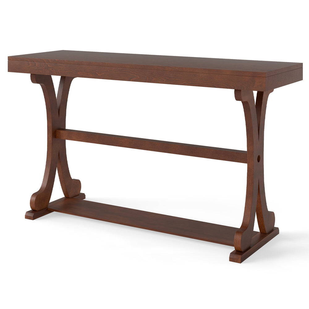 Narrow vintage console table in walnut with curved legs, featuring a spacious top and open storage shelf for versatile.