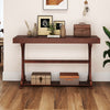 Narrow vintage console table with walnut finish, featuring a spacious top and open storage shelf, ideal for entryways.