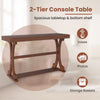 Narrow 2-tier console table in walnut with spacious top and bottom shelf for vases, photos, and storage baskets.