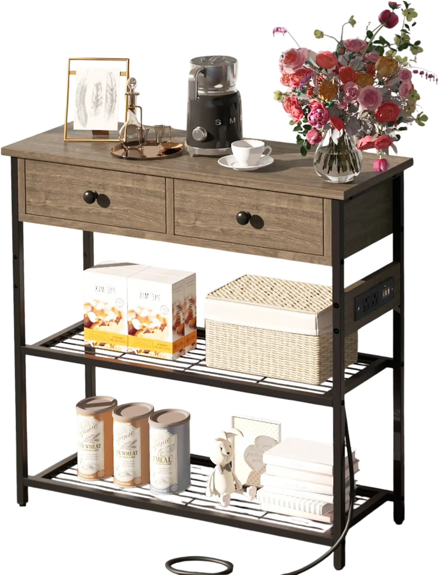 Costway Narrow Console Side Table 2 Drawers 2 Metal Mesh Shelves Gray 45687192 New