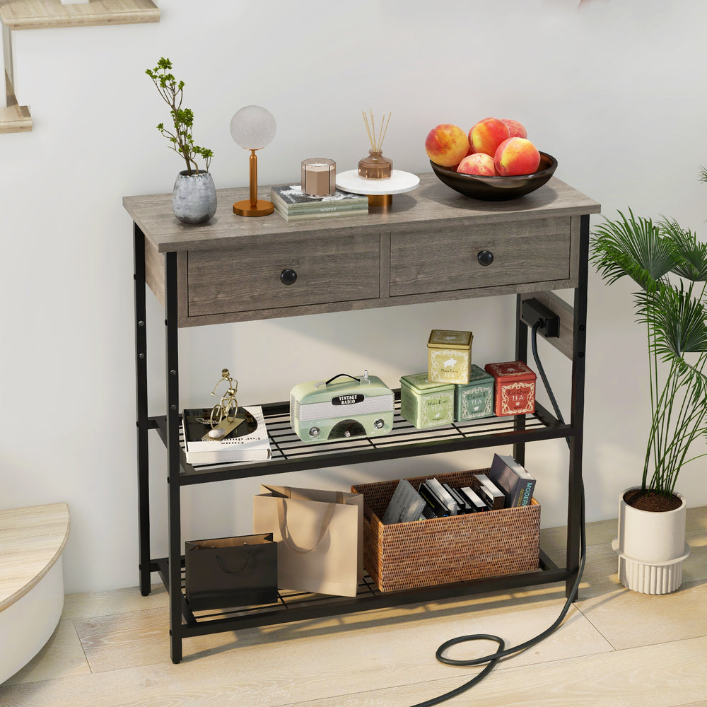 Narrow gray console table with 2 drawers and 2 metal mesh shelves, featuring USB ports and a sturdy design for.