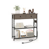 Narrow console table in gray with 2 drawers and 2 metal mesh shelves, featuring USB ports for convenient device.