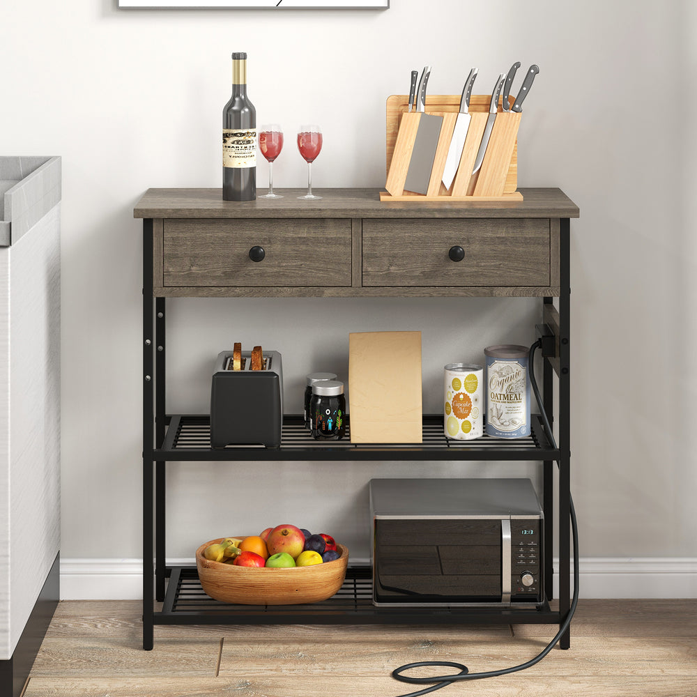 Narrow console table in gray with 2 drawers and metal mesh shelves, featuring USB ports and a sturdy design for.