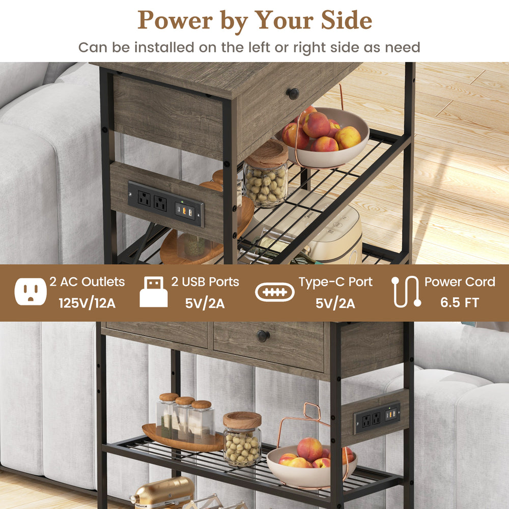 Narrow console table with 2 drawers, 2 shelves, and power strip featuring 2 AC outlets and 2 USB ports for versatile.