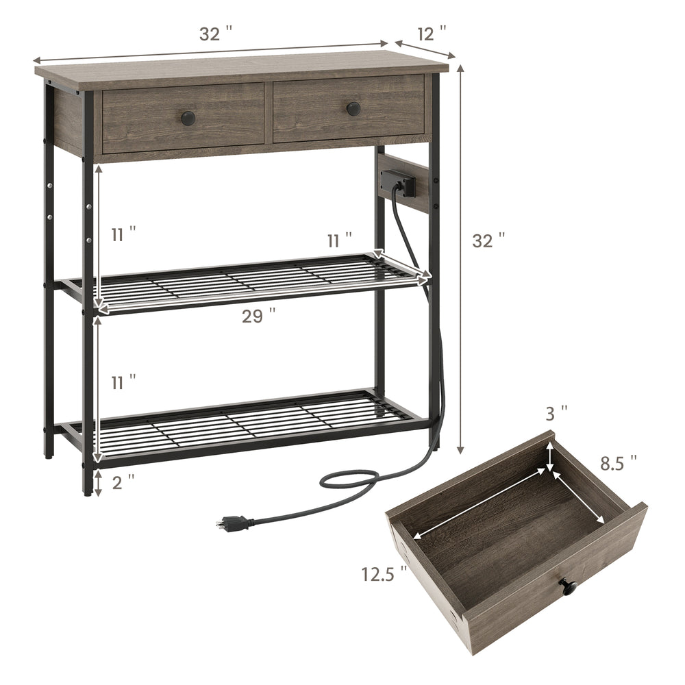 Narrow console table in gray with 2 drawers, 2 metal mesh shelves, and power outlets for versatile storage and display.